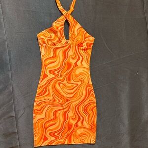 Divided Orange Swirl Halter Mini Dress